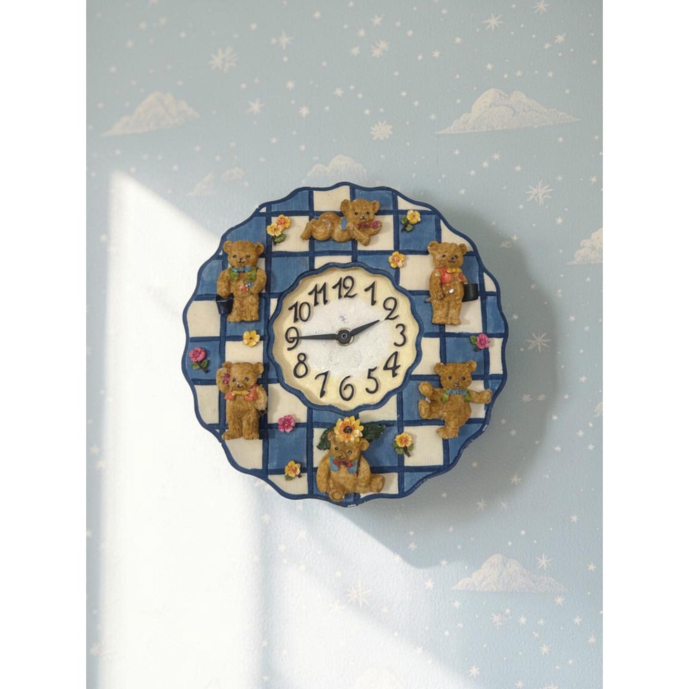 Vintage Ceramic Teddy Bear Nursery Clock - Blue Gingham Kids Wall Decor 1990s